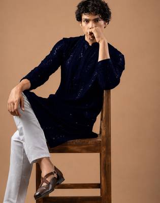 Navy blue color rayon fabric designer embroidered ethnic kurta payjama for men's traditional looks 3