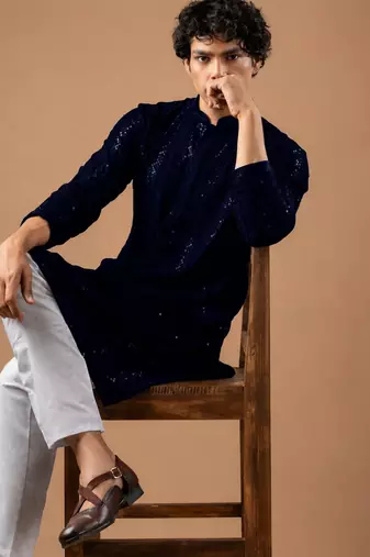 Navy blue color rayon fabric designer embroidered ethnic kurta payjama for men's traditional looks