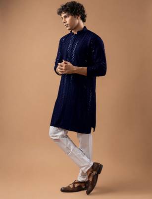 Navy blue color rayon fabric designer embroidered ethnic kurta payjama for men's traditional looks 4