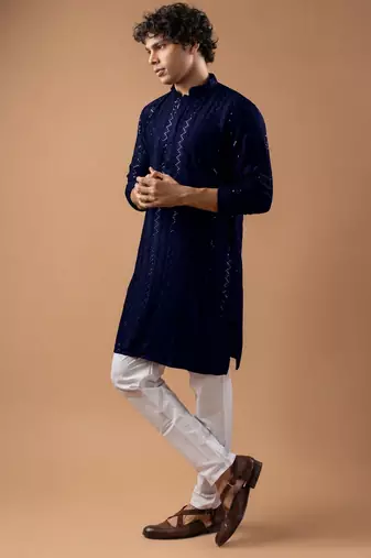 Navy blue color rayon fabric designer embroidered ethnic kurta payjama for men's traditional looks