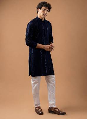 Navy blue color rayon fabric designer embroidered ethnic kurta payjama for men's traditional looks 5