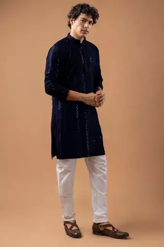 Navy blue color rayon fabric designer embroidered ethnic kurta payjama for men's traditional looks