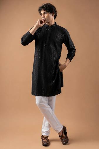 Black color rayon fabric designer embroidered ethnic kurta payjama for men's traditional looks