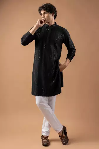 Black color rayon fabric designer embroidered ethnic kurta payjama for men's traditional looks