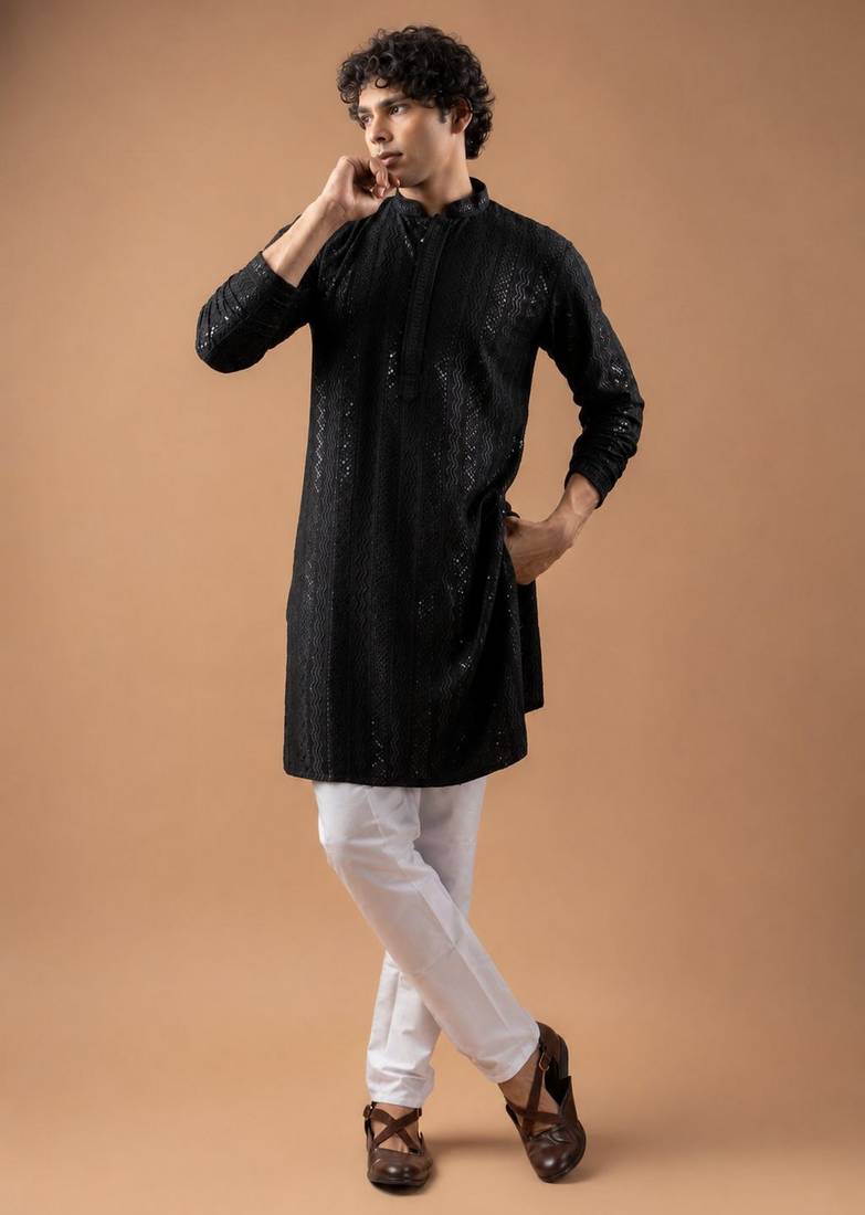 Black color rayon fabric designer embroidered ethnic kurta payjama for men's traditional looks