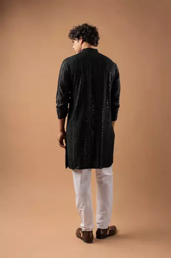 Black color rayon fabric designer embroidered ethnic kurta payjama for men's traditional looks