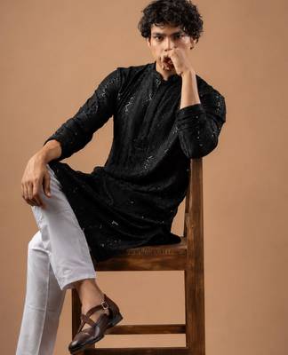 Black color rayon fabric designer embroidered ethnic kurta payjama for men's traditional looks 3