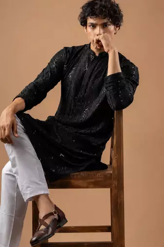 Black color rayon fabric designer embroidered ethnic kurta payjama for men's traditional looks