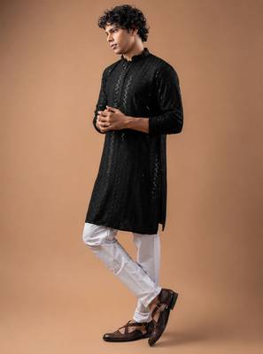 Black color rayon fabric designer embroidered ethnic kurta payjama for men's traditional looks 4