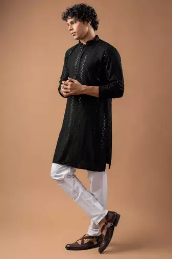 Black color rayon fabric designer embroidered ethnic kurta payjama for men's traditional looks