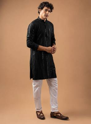 Black color rayon fabric designer embroidered ethnic kurta payjama for men's traditional looks 5