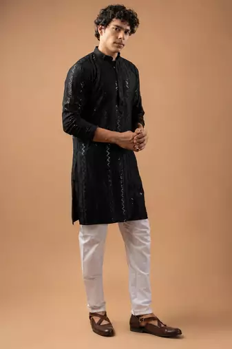 Black color rayon fabric designer embroidered ethnic kurta payjama for men's traditional looks