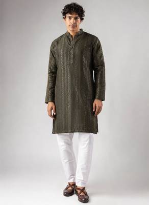 Mehandi green color rayon fabric designer embroidered ethnic kurta payjama for men's traditional looks 1