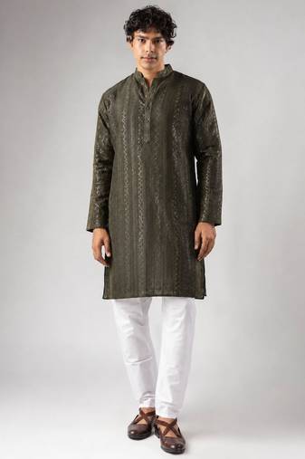 Mehandi green color rayon fabric designer embroidered ethnic kurta payjama for men's traditional looks