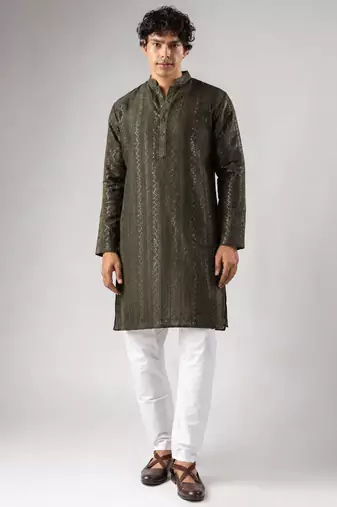 Mehandi green color rayon fabric designer embroidered ethnic kurta payjama for men's traditional looks