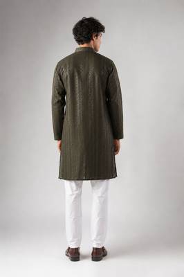 Mehandi green color rayon fabric designer embroidered ethnic kurta payjama for men's traditional looks 2
