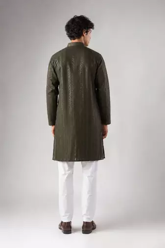 Mehandi green color rayon fabric designer embroidered ethnic kurta payjama for men's traditional looks