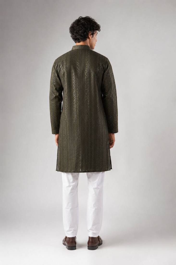Mehandi green color rayon fabric designer embroidered ethnic kurta payjama for men's traditional looks