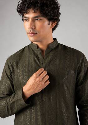 Mehandi green color rayon fabric designer embroidered ethnic kurta payjama for men's traditional looks 3