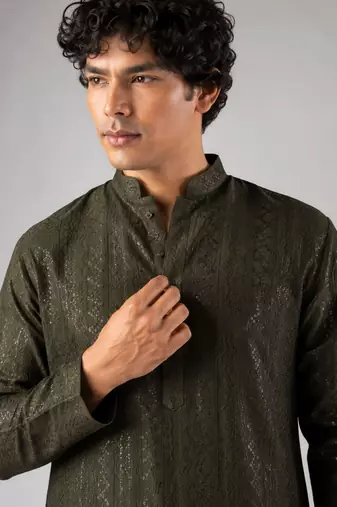 Mehandi green color rayon fabric designer embroidered ethnic kurta payjama for men's traditional looks