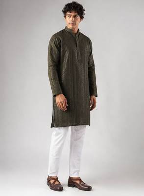 Mehandi green color rayon fabric designer embroidered ethnic kurta payjama for men's traditional looks 4