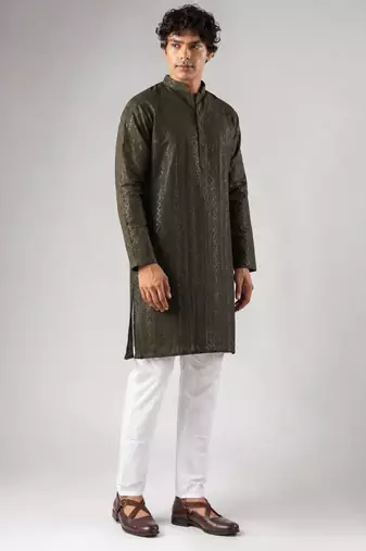 Mehandi green color rayon fabric designer embroidered ethnic kurta payjama for men's traditional looks