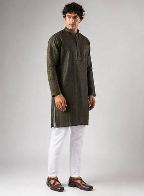 Mehandi green color rayon fabric designer embroidered ethnic kurta payjama for men's traditional looks 5