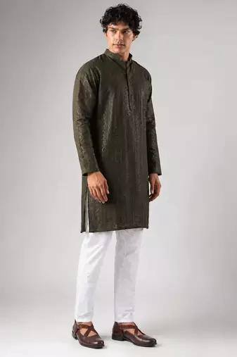 Mehandi green color rayon fabric designer embroidered ethnic kurta payjama for men's traditional looks