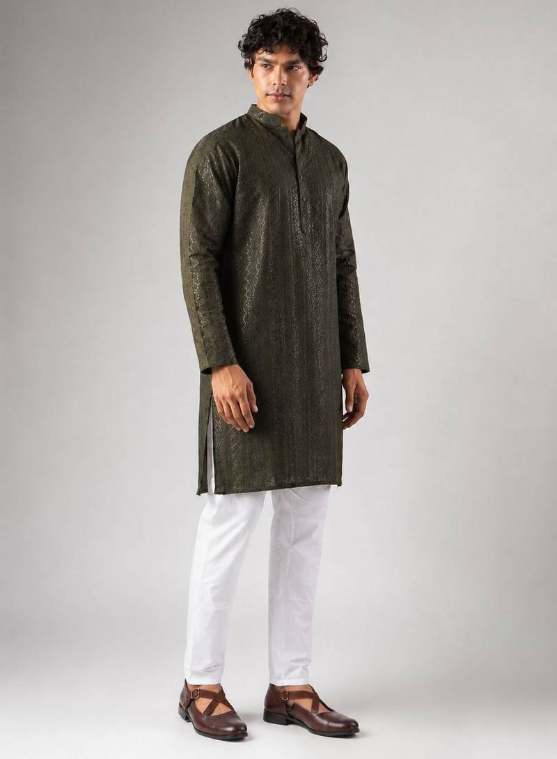 Mehandi green color rayon fabric designer embroidered ethnic kurta payjama for men's traditional looks