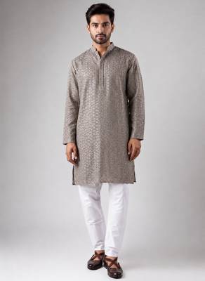 Grey color rayon fabric designer embroidered ethnic kurta payjama for men's traditional looks 1