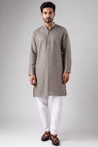 Grey color rayon fabric designer embroidered ethnic kurta payjama for men's traditional looks