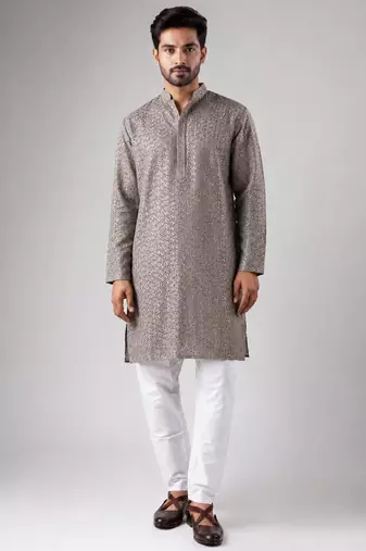 Grey color rayon fabric designer embroidered ethnic kurta payjama for men's traditional looks