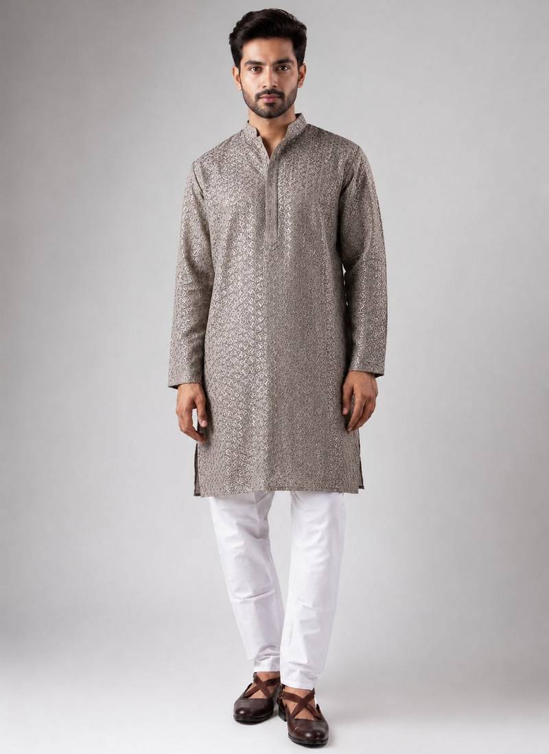 Grey color rayon fabric designer embroidered ethnic kurta payjama for men's traditional looks