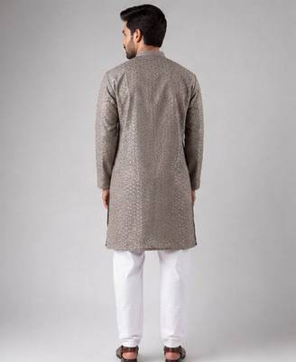 Grey color rayon fabric designer embroidered ethnic kurta payjama for men's traditional looks 2