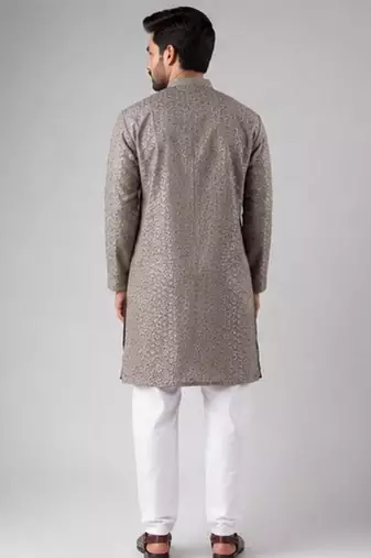 Grey color rayon fabric designer embroidered ethnic kurta payjama for men's traditional looks