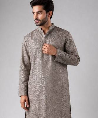 Grey color rayon fabric designer embroidered ethnic kurta payjama for men's traditional looks 3