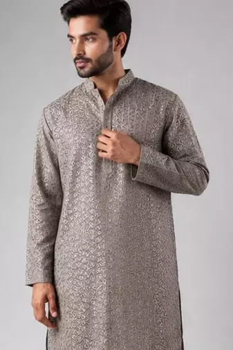 Grey color rayon fabric designer embroidered ethnic kurta payjama for men's traditional looks