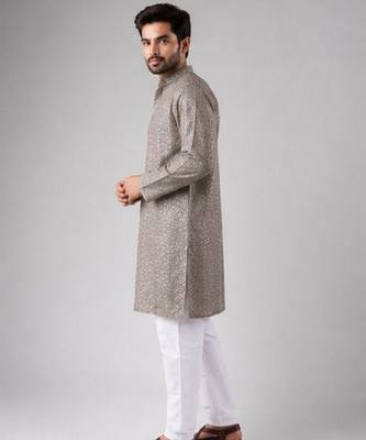 Grey color rayon fabric designer embroidered ethnic kurta payjama for men's traditional looks 4