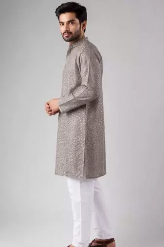 Grey color rayon fabric designer embroidered ethnic kurta payjama for men's traditional looks