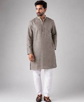Grey color rayon fabric designer embroidered ethnic kurta payjama for men's traditional looks 5