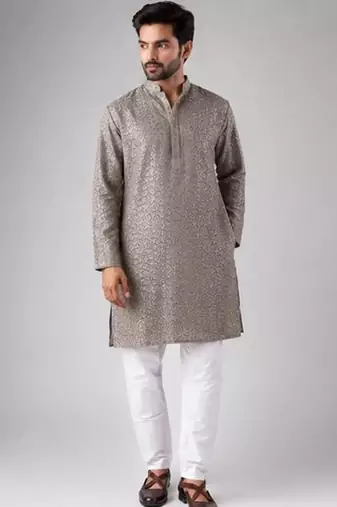 Grey color rayon fabric designer embroidered ethnic kurta payjama for men's traditional looks