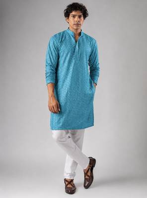 Cyan blue color rayon fabric designer embroidered ethnic kurta payjama for men's traditional looks 1