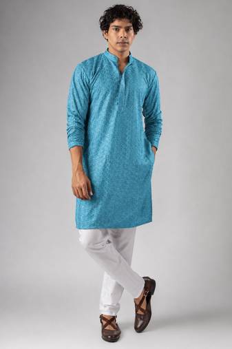 Cyan blue color rayon fabric designer embroidered ethnic kurta payjama for men's traditional looks