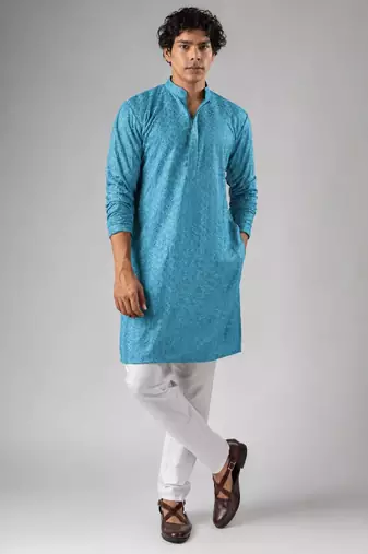 Cyan blue color rayon fabric designer embroidered ethnic kurta payjama for men's traditional looks