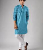 Cyan blue color rayon fabric designer embroidered ethnic kurta payjama for men's traditional looks