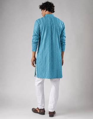 Cyan blue color rayon fabric designer embroidered ethnic kurta payjama for men's traditional looks 2