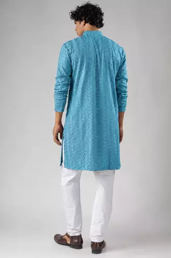 Cyan blue color rayon fabric designer embroidered ethnic kurta payjama for men's traditional looks
