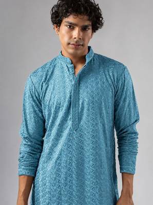 Cyan blue color rayon fabric designer embroidered ethnic kurta payjama for men's traditional looks 3