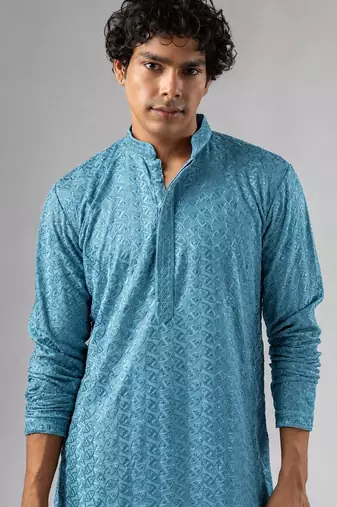 Cyan blue color rayon fabric designer embroidered ethnic kurta payjama for men's traditional looks