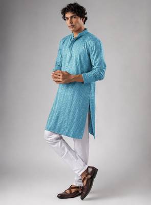 Cyan blue color rayon fabric designer embroidered ethnic kurta payjama for men's traditional looks 4